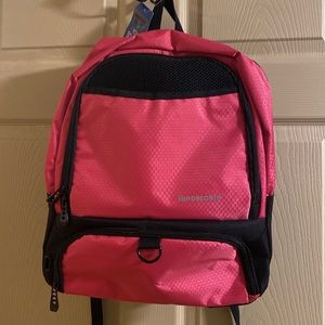 Soccer backpack with pockets for ball cleats and equipment. Rose pink. Padded